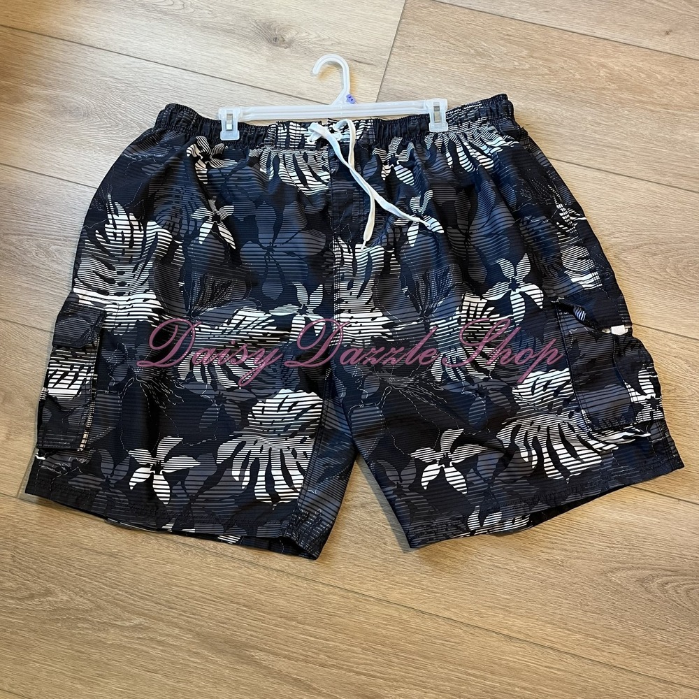 Kanu Surf 5X Swim‎ Trunks Black White Tropical Print